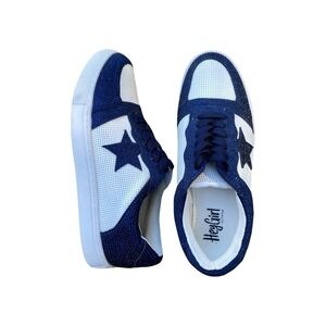 HeyGirl Sparkle Rhinestone Star Sneakers Women Blue White Lace Up Low Top Shoes